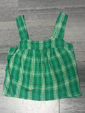 DREW Smocked Back Tank Top Lightweight Summer Top Green Plaid Size Small